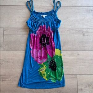 Moa Moa Blue Tank Dress with Pink and Green Y2K Floral Print Size M